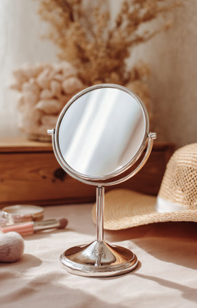 A round mirror stands on a table, reflecting warm light in a cozy room. Soft textiles and a fashionable hat are nearby, creating a stylish and inviting atmosphere.の素材