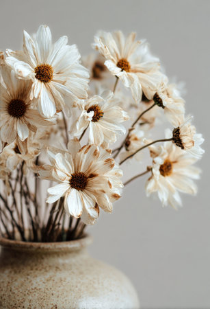 White flowers with brown centers are artfully placed in a vase that stands against a soft, neutral backdrop. The arrangement gives a calm and elegant touch to the space..の素材