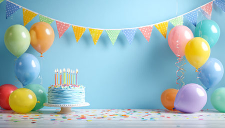 A festive birthday scene features a light blue cake adorned with candles and colorful sprinkles. Cheerful balloons and party decorations create a joyful atmosphere for celebration.の素材
