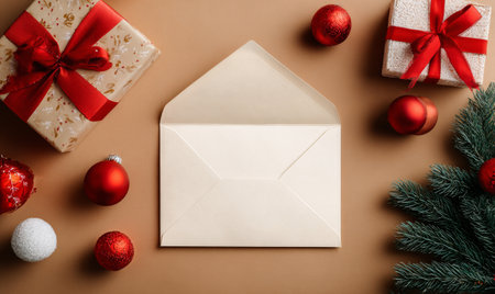 Colorful holiday gifts with red bows are arranged around a blank envelope on a warm brown surface, creating a festive atmosphere perfect for seasonal greetings.の素材
