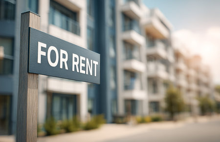 A for rent sign stands in front of a modern apartment building, inviting potential tenants. Sunlight highlights the contemporary architecture and nearby greenery.の素材