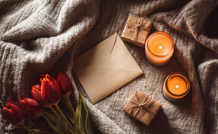 Red tulips are arranged with a gift box and an envelope near lit candles on a light fabric surface, creating a warm and romantic atmosphere for a special occasion..の素材