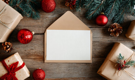 Colorful holiday gifts with red bows are arranged around a blank envelope on a warm brown surface, creating a festive atmosphere perfect for seasonal greetings..の素材