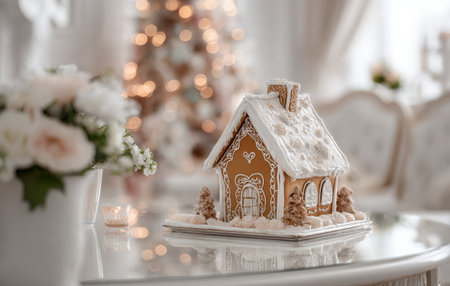 A beautifully decorated gingerbread house sits on a table surrounded by soft white flowers. A tree with lights is in the background, creating a warm holiday atmosphere.の素材