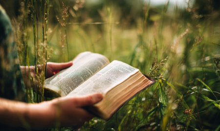 A person holds a book open in a lush green field surrounded by tall grass and wildflowers, enjoying the warm sunlight and peaceful atmosphere during a summer afternoon.の素材