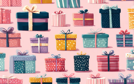 A variety of beautifully wrapped gifts in shades of pink and black are arranged neatly. Perfect for a festive occasion, they add charm and excitement to the scene..の素材