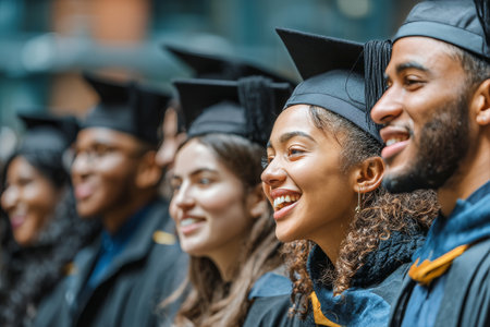 Students of various backgrounds proudly smile during their graduation ceremony, wearing caps and gowns as they celebrate their academic achievements on a festive day.の素材