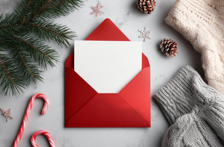 A bright red envelope holds a white card, placed on a textured surface. Nearby are pine branches, candy canes, cozy knitwear, and snowflake decorations, creating a festive scene.の素材