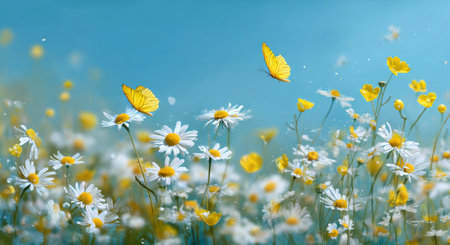 Bright yellow butterflies dance among white daisies and yellow wildflowers in a sunny meadow, capturing the essence of springtime beauty and serenity in nature.の素材