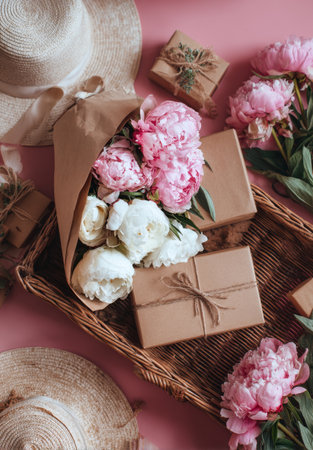 Fresh peonies in soft pink and white rest in a brown wrap beside neatly packaged gifts. Two straw hats add a warm touch to the vibrant pink backdrop.の素材