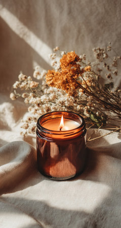 A warm candle emits a gentle glow while sitting beside dried flowers on a soft fabric surface, creating a serene and inviting atmosphere perfect for relaxation..の素材