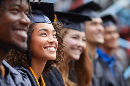 Proud graduates with caps and gowns smile while seated at an outdoor ceremony. Friends and family surround them during this memorable moment of achievement and joy.の素材