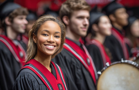 Graduating students in caps and gowns smile proudly during their ceremony. Friends and family cheer as they celebrate this significant milestone together.の素材
