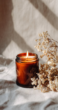 A warm amber candle burns softly next to a cluster of dried flowers on a light fabric surface. The sunlight casts gentle shadows, creating a calm atmosphere.の素材