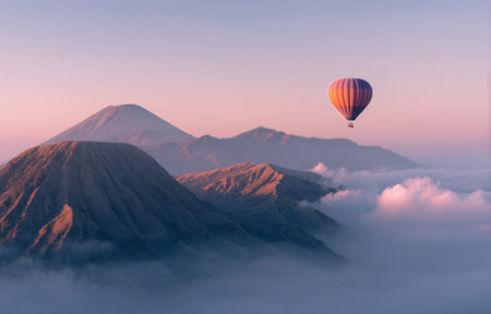 A colorful hot air balloon soars above a stunning volcanic landscape during dawn..の素材