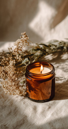 A warm candle emits a gentle glow while sitting beside dried flowers on a soft fabric surface, creating a serene and inviting atmosphere perfect for relaxation.の素材