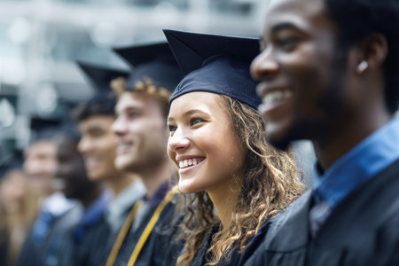 Proud graduates with caps and gowns smile while seated at an outdoor ceremony. Friends and family surround them during this memorable moment of achievement and joy..の素材