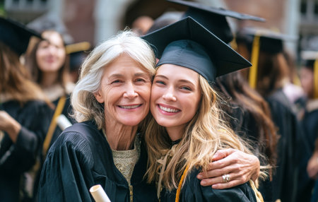 Two women smile joyfully during a graduation ceremony. The younger woman, dressed in a cap and gown, holds her diploma as they stand among fellow graduates in a festive atmosphere..の素材