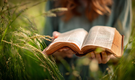 A person holds a book open in a lush green field surrounded by tall grass and wildflowers, enjoying the warm sunlight and peaceful atmosphere during a summer afternoon..の素材