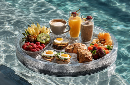 A vibrant breakfast spread featuring fruits, drinks, and pastries rests on a floating tray in a clear blue pool. The scene is peaceful and inviting, perfect for a warm morning.の素材