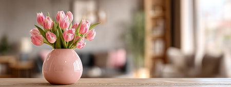 Pink tulips are arranged in a simple vase on a wooden table, complementing a bright and cozy living room decorated with soft furniture and natural light.の素材