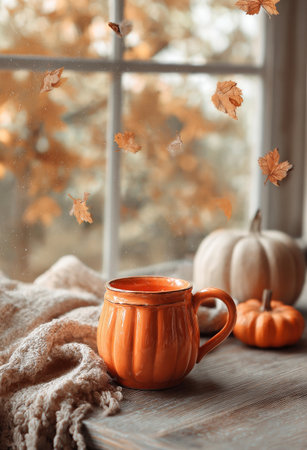 Warm colors fill the scene with a pumpkin-shaped mug sitting on a rustic table. Golden leaves drift through the air near a window, celebrating the autumn season..の素材