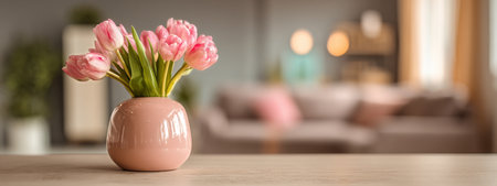 Pink tulips are arranged in a simple vase on a wooden table, complementing a bright and cozy living room decorated with soft furniture and natural light..の素材