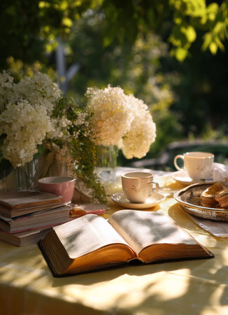 Bright sunlight filters through leaves, illuminating a peaceful table with open books, cups of tea, and fresh flower arrangements. Perfect for a quiet afternoon getaway..の素材