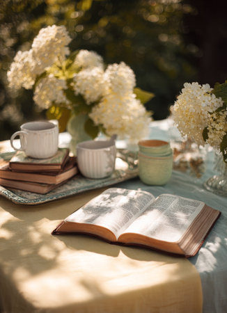 Bright sunlight filters through leaves, illuminating a peaceful table with open books, cups of tea, and fresh flower arrangements. Perfect for a quiet afternoon getaway.の素材