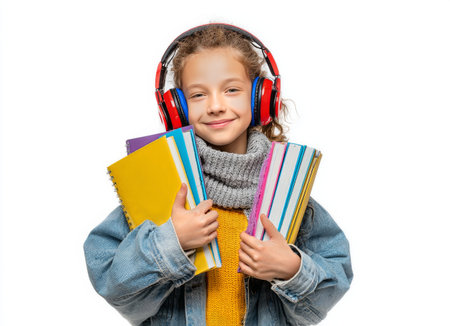 Girl smiles while holding colorful books and wearing red headphones. She is dressed in a cozy sweater, suggesting a moment of relaxation and enjoyment with her favorite reads.の素材