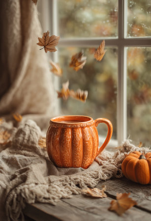 Warm colors fill the scene with a pumpkin-shaped mug sitting on a rustic table. Golden leaves drift through the air near a window, celebrating the autumn season.の素材