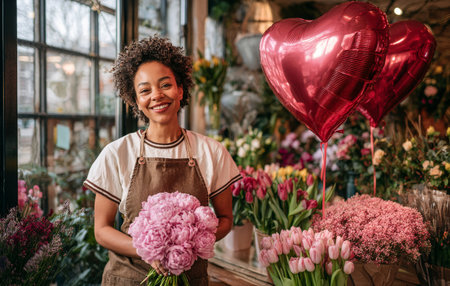 A cheerful flower shop owner showcases a bouquet of peonies surrounded by various floral arrangements and heart-shaped balloons. The warm atmosphere highlights her passion for flowers.の素材