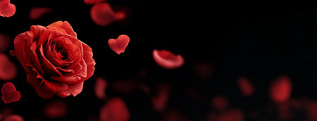 A beautiful red rose is captured in the center, with heart-shaped petals gently falling around it against a dark backdrop, creating a romantic atmosphere.の素材