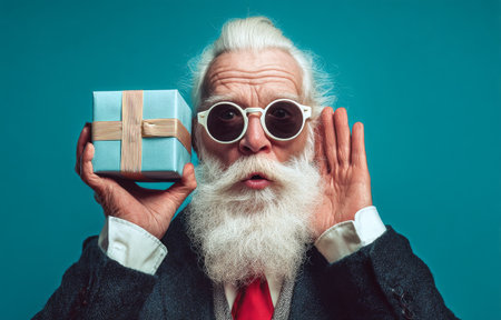An elderly man with a long white beard and stylish sunglasses holds a wrapped gift close to his ear, looking excited as if sharing a secret. The background is a vibrant blue.の素材