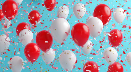 Red and white balloons float in the air, surrounded by colorful confetti against a bright blue background, creating a lively and festive mood ideal for celebrations.の素材