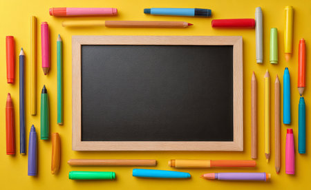 Various stationery items like markers, colored pencils, and crayons are neatly arranged around a wooden blackboard. The vibrant colors pop against the yellow background.の素材