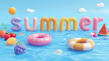 Colorful letters spelling summer are surrounded by various fruity items like strawberries and watermelons in a playful pool setting. The scene captures the joy of summer..の素材