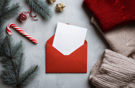 Festive elements create a warm atmosphere with a red envelope and blank card surrounded by candy canes, pine cones, and soft knit fabric. Perfect for winter greetings..の素材