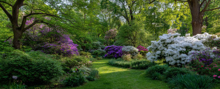 A vibrant garden filled with colorful flowers such as peonies and azaleas in full bloom. The scene features lush green grass and trees, creating a peaceful atmosphere in spring..の素材