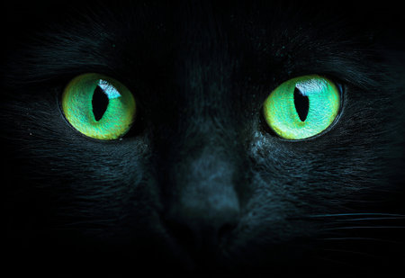 A black cat with striking green eyes gazes intently at the viewer. The background is dark, highlighting the cats vibrant eyes and soft fur. The scene evokes a mysterious atmosphere.の素材