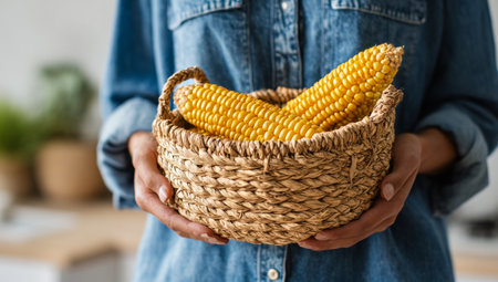 A person holds a woven basket filled with fresh yellow corn. The scene is set in a bright kitchen, showcasing rustic decor and a warm atmosphere.の素材