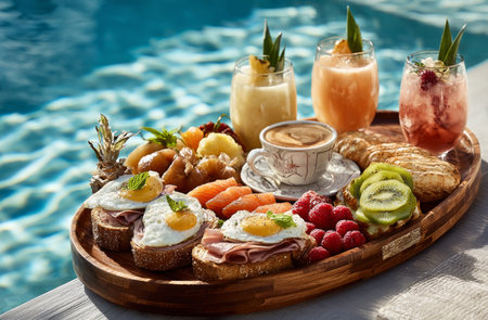 A vibrant breakfast spread featuring fruits, drinks, and pastries rests on a floating tray in a clear blue pool. The scene is peaceful and inviting, perfect for a warm morning..の素材