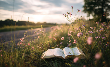 An open book lies on the lush grass surrounded by wildflowers as the sun sets in the background, casting a warm glow over the peaceful countryside scene.の素材