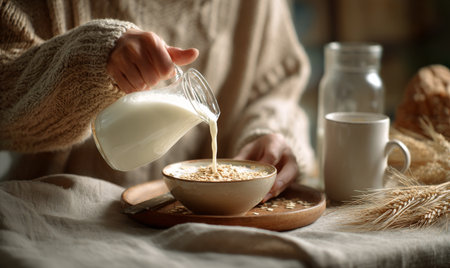A cozy kitchen scene shows milk being poured into a cup of oats. Nearby, a bowl of nuts and jars of ingredients create a warm morning atmosphere..の素材
