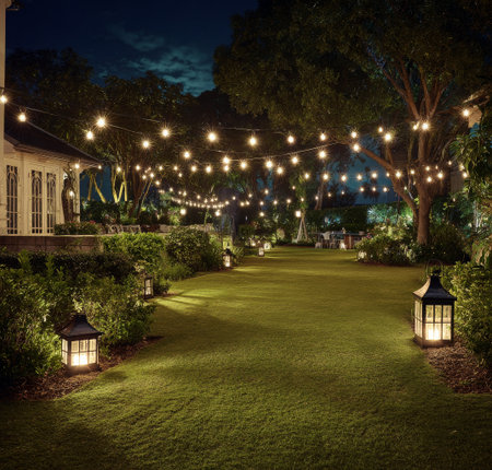 Soft lights hang above a lush garden path, creating a warm ambiance. Lanterns line the walkway, enhancing the peaceful atmosphere perfect for evening events.の素材