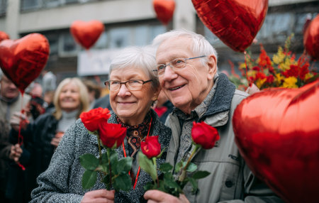 Couple smiles joyfully while holding red roses, surrounded by festive heart-shaped balloons during a lively outdoor celebration focused on love.の素材
