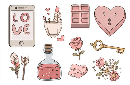 Set of cute love-themed illustrations featuring a smartphone, chocolates, a heart lock, flowers, and other romantic symbols. Perfect for expressing love and affection.の素材