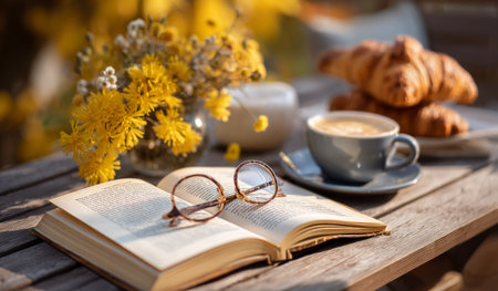 A warm and inviting outdoor scene features a book open on a wooden table, reading glasses resting on its pages, with a cup of coffee and fresh croissants nearby, surrounded by flowers.の素材