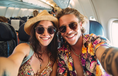 Two joyful travelers smile and take a selfie inside an airplane filled with other passengers. They are wearing sunglasses and summer attire, ready for adventure.の素材
