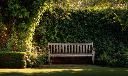 A weathered wooden bench sits quietly in a lush garden, surrounded by vibrant green bushes and trees, providing a peaceful retreat in the afternoon light..の素材